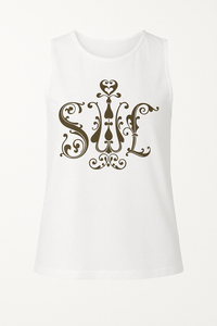 White Sleeveless Top with Ornamental “SWE” Print