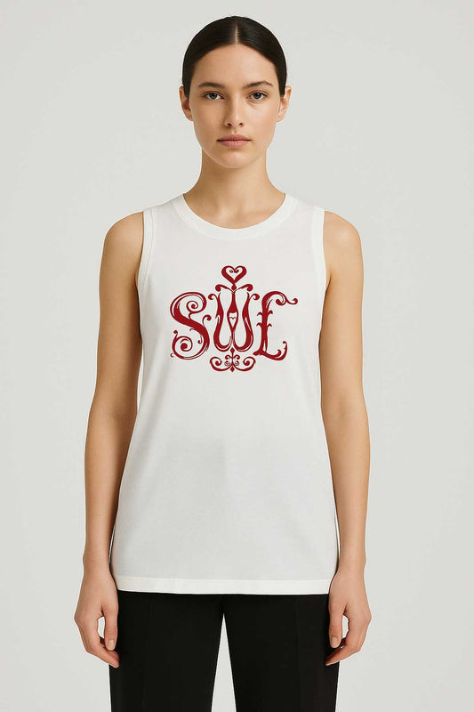 White Tank Top with Bold Red Soul Print
