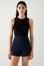 Load image into Gallery viewer, High-Waist Navy Shorts in Cotton-Elastic Gabardine