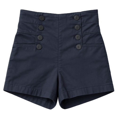 High-Waist Navy Shorts in Cotton-Elastic Gabardine