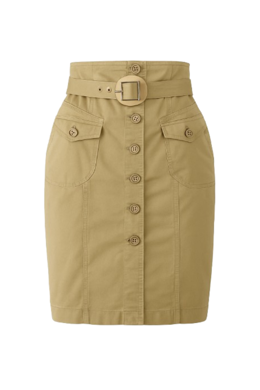 Conquista Φούστα Midi Casual Με Κουμπιά Με Ζώνη Με Τσέπες Μονόχρωμη Μπεζ C241-343-22