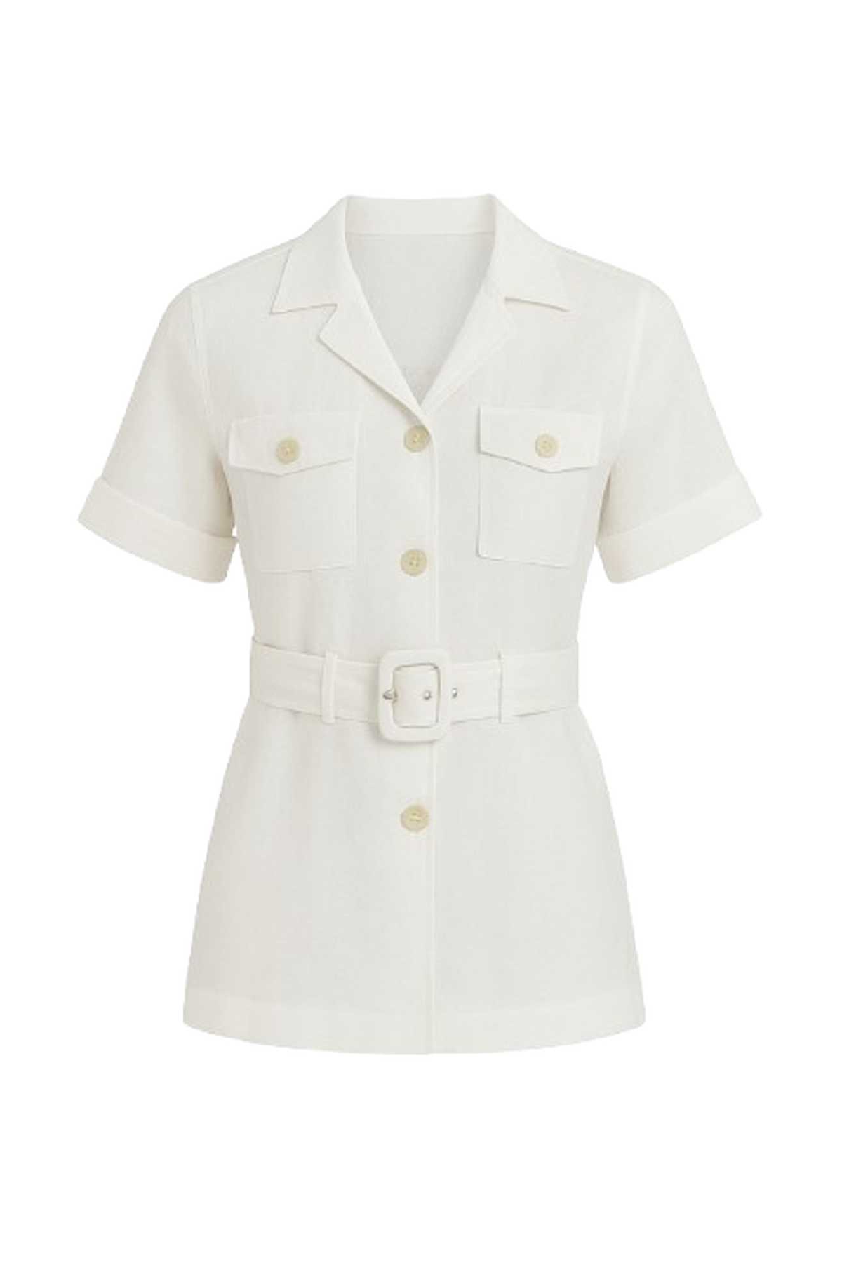 Conquista Πουκάμισο Casual Κοντομάνικο Με Γιακά Με Ζώνη Με Τσέπες Μονόχρωμο Λευκό C241-347-01
