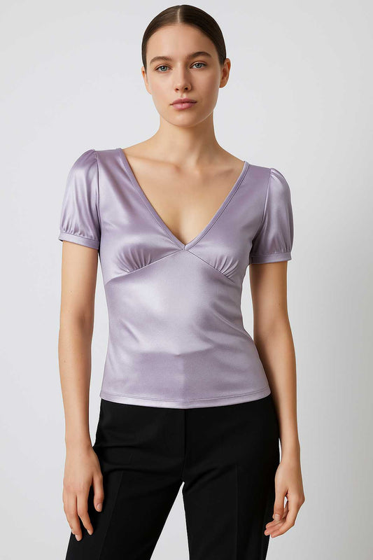Women’s Satin Jersey Top (Acetate + Elastane) with Deep V-Neck