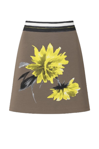 Taupe Jersey Skirt with Yellow Floral Print