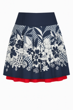 Load image into Gallery viewer, Floral Navy Skirt with Red Underskirt and Denim Waist – Cotton Poplin