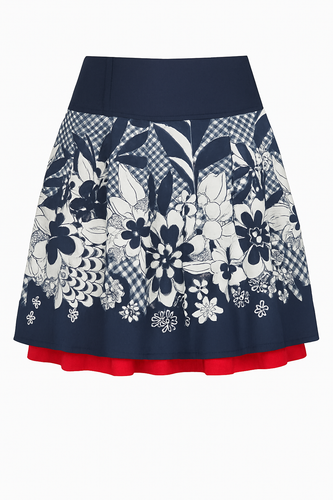 Floral Navy Skirt with Red Underskirt and Denim Waist – Cotton Poplin