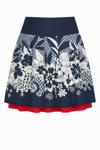 Floral Navy Skirt with Red Underskirt and Denim Waist – Cotton Poplin