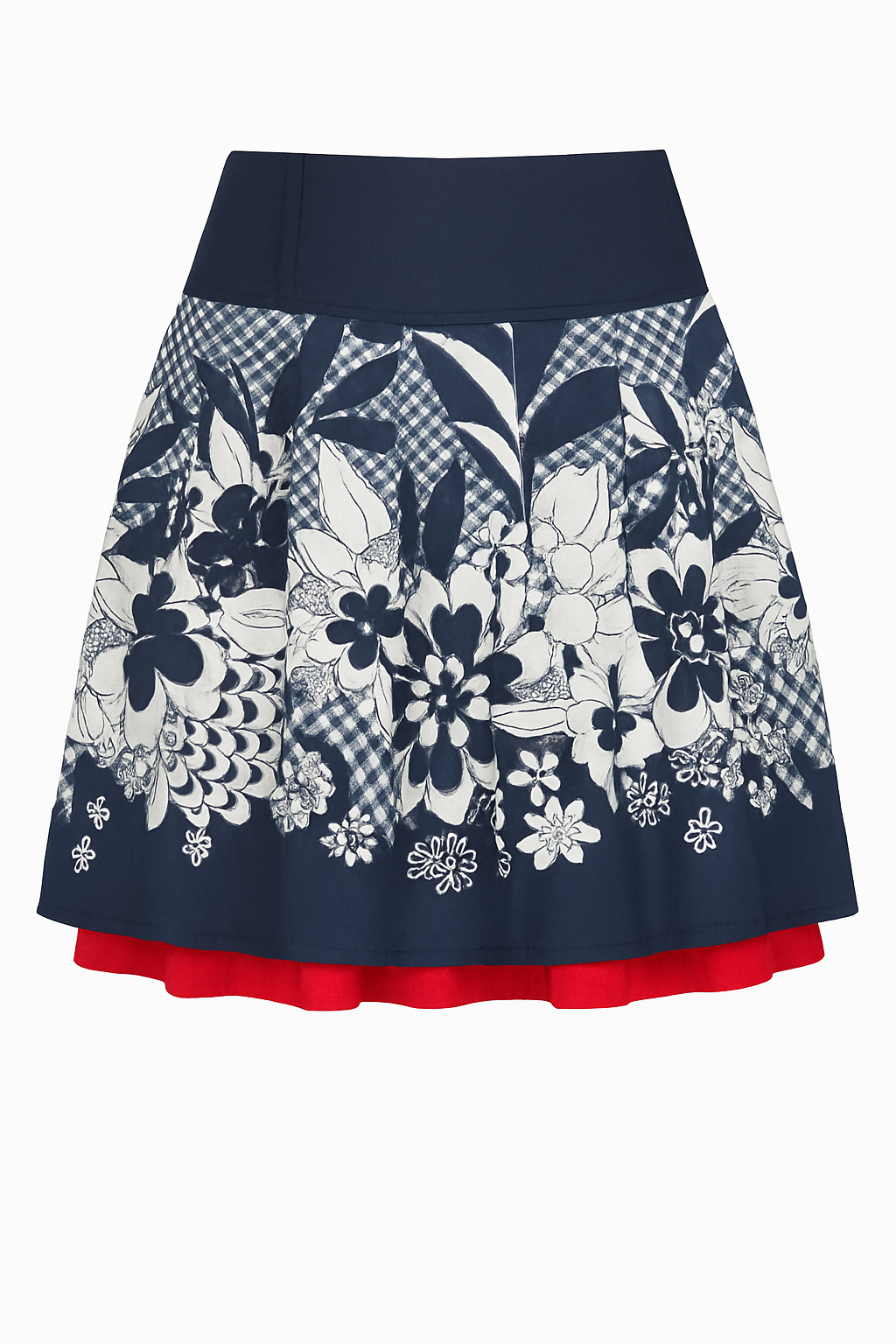 Floral Navy Skirt with Red Underskirt and Denim Waist – Cotton Poplin