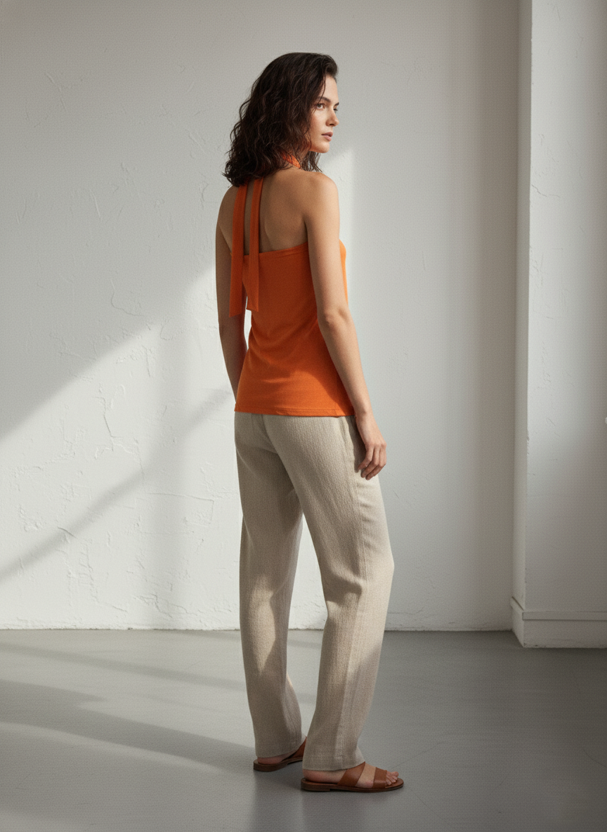 Conquista Τοπ Casual Αμάνικο Halter Λαιμόκοψη Με Κόμπο Μονόχρωμο Πορτοκαλί C241-428-05
