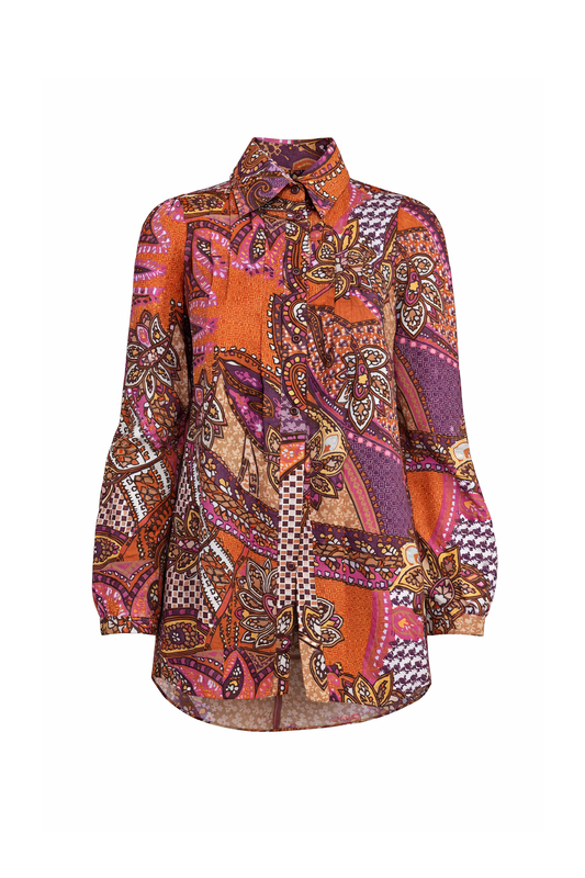 Printed Longline Shirt with Paisley Pattern in Warm Tones