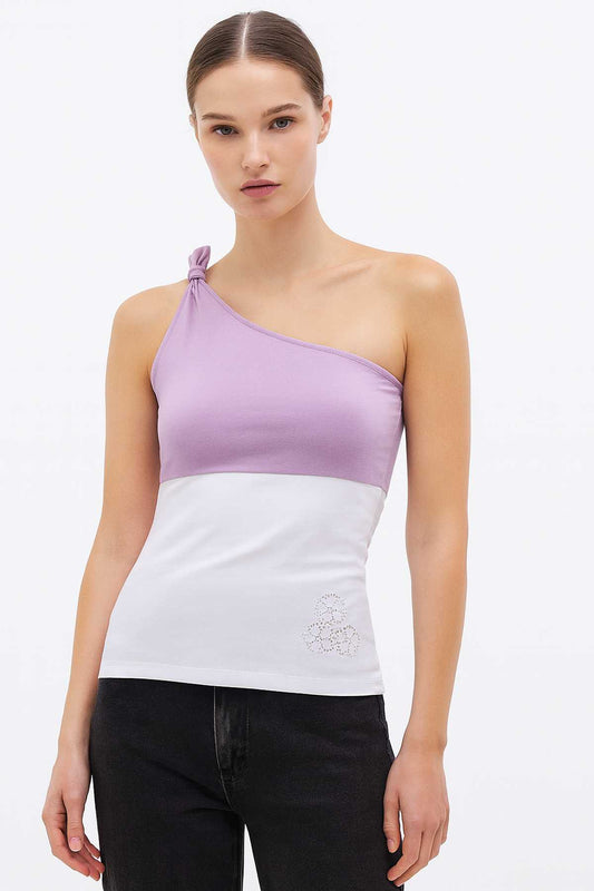 Conquista Τοπ Casual Αμάνικο One Shoulder Με Κόμπο Δίχρωμο Λιλά-Λευκό C241-439-08