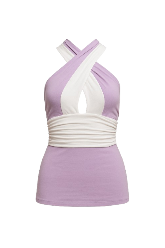 Two-Tone Halter Neck Top – Contemporary Elegance in Lilac and Ivory