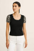 Load image into Gallery viewer, Black Viscose Jersey Top with Printed Puff Sleeves and Ruffled Neckline
