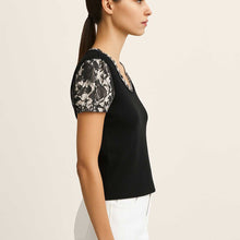 Load image into Gallery viewer, Black Viscose Jersey Top with Printed Puff Sleeves and Ruffled Neckline