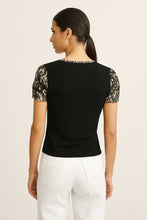 Load image into Gallery viewer, Black Viscose Jersey Top with Printed Puff Sleeves and Ruffled Neckline