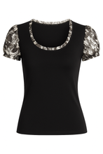 Load image into Gallery viewer, Black Viscose Jersey Top with Printed Puff Sleeves and Ruffled Neckline