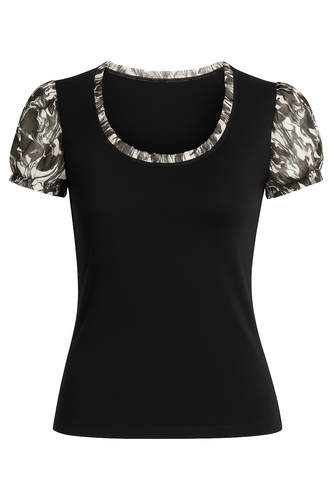 Black Viscose Jersey Top with Printed Puff Sleeves and Ruffled Neckline
