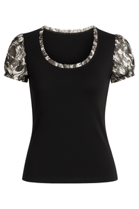 Black Viscose Jersey Top with Printed Puff Sleeves and Ruffled Neckline