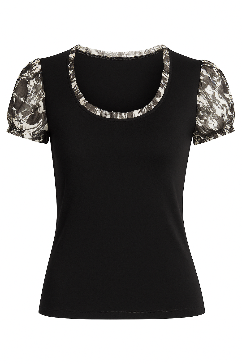 Black Viscose Jersey Top with Printed Puff Sleeves and Ruffled Neckline