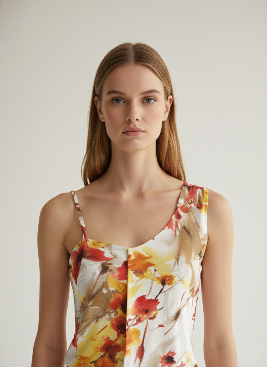 Asymmetric Floral Print Jersey Top with Braided Strap – Viscose-Elastane