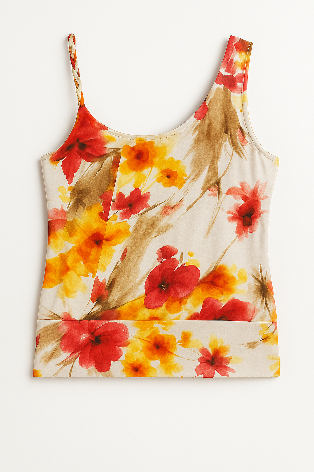 Asymmetric Floral Print Jersey Top with Braided Strap – Viscose-Elastane