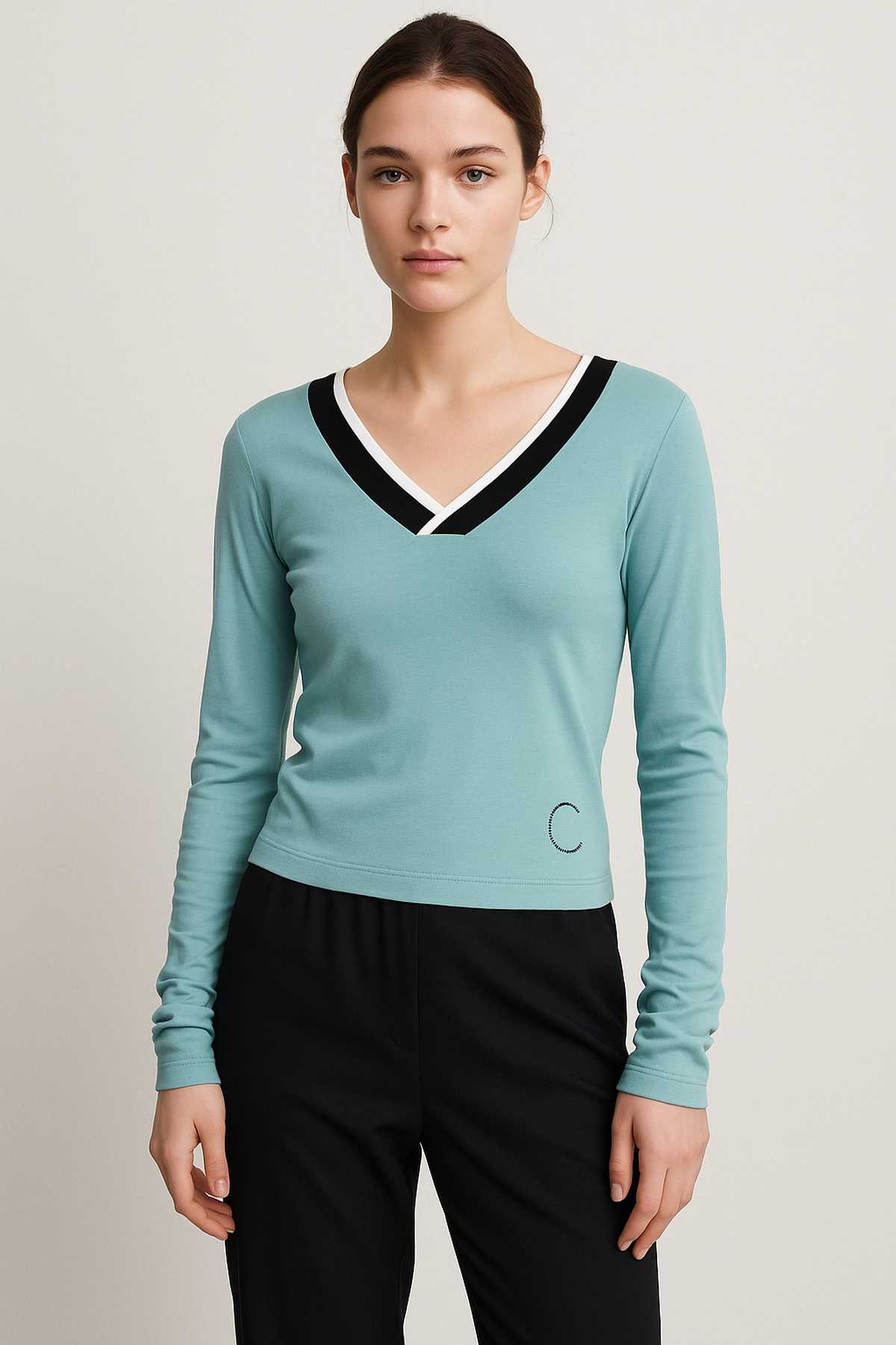 Aqua V-Neck Long Sleeve Top with Contrast Trim