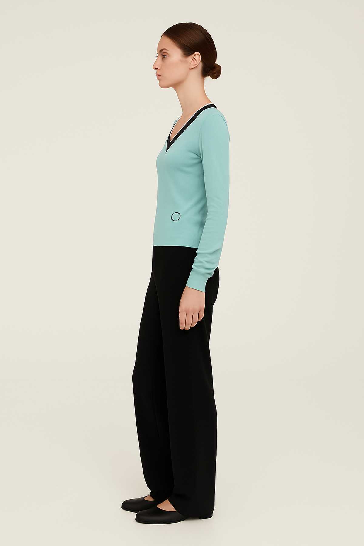 Aqua V-Neck Long Sleeve Top with Contrast Trim