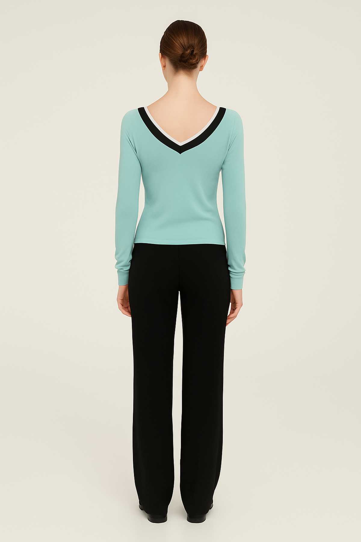 Aqua V-Neck Long Sleeve Top with Contrast Trim