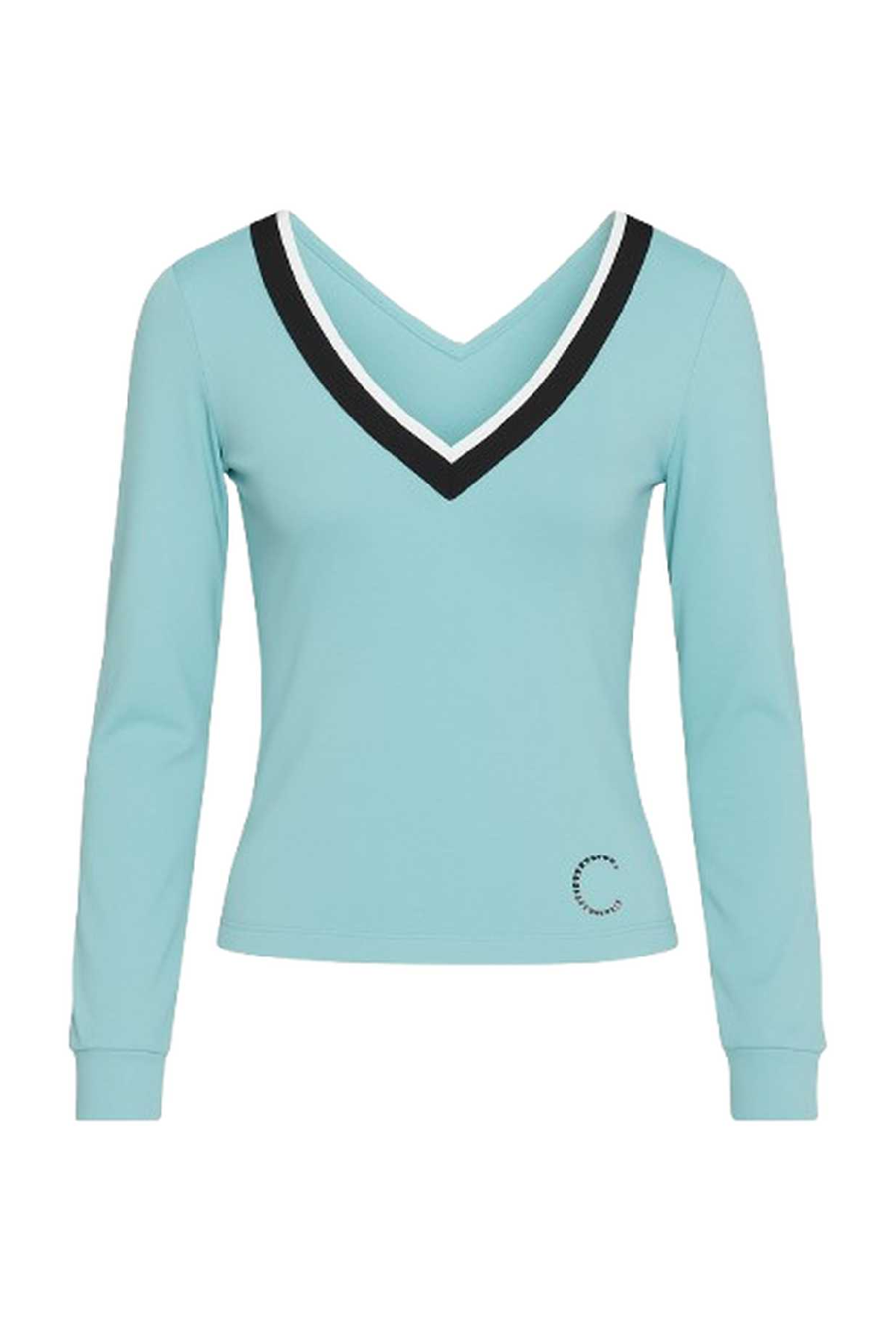 Aqua V-Neck Long Sleeve Top with Contrast Trim