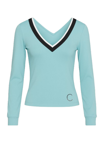 Aqua V-Neck Long Sleeve Top with Contrast Trim