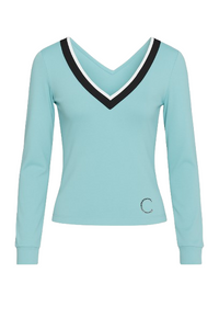 Aqua V-Neck Long Sleeve Top with Contrast Trim