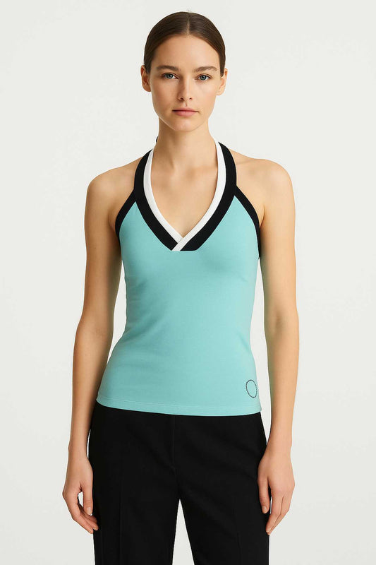 Conquista Τοπ Casual Halter Αμάνικο V-Λαιμόκοψη Δίχρωμο Τιρκουάζ Μαύρο C241-450-07