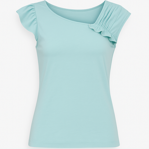 Asymmetric Ruffle Sleeve Jersey Top – Aqua Blue