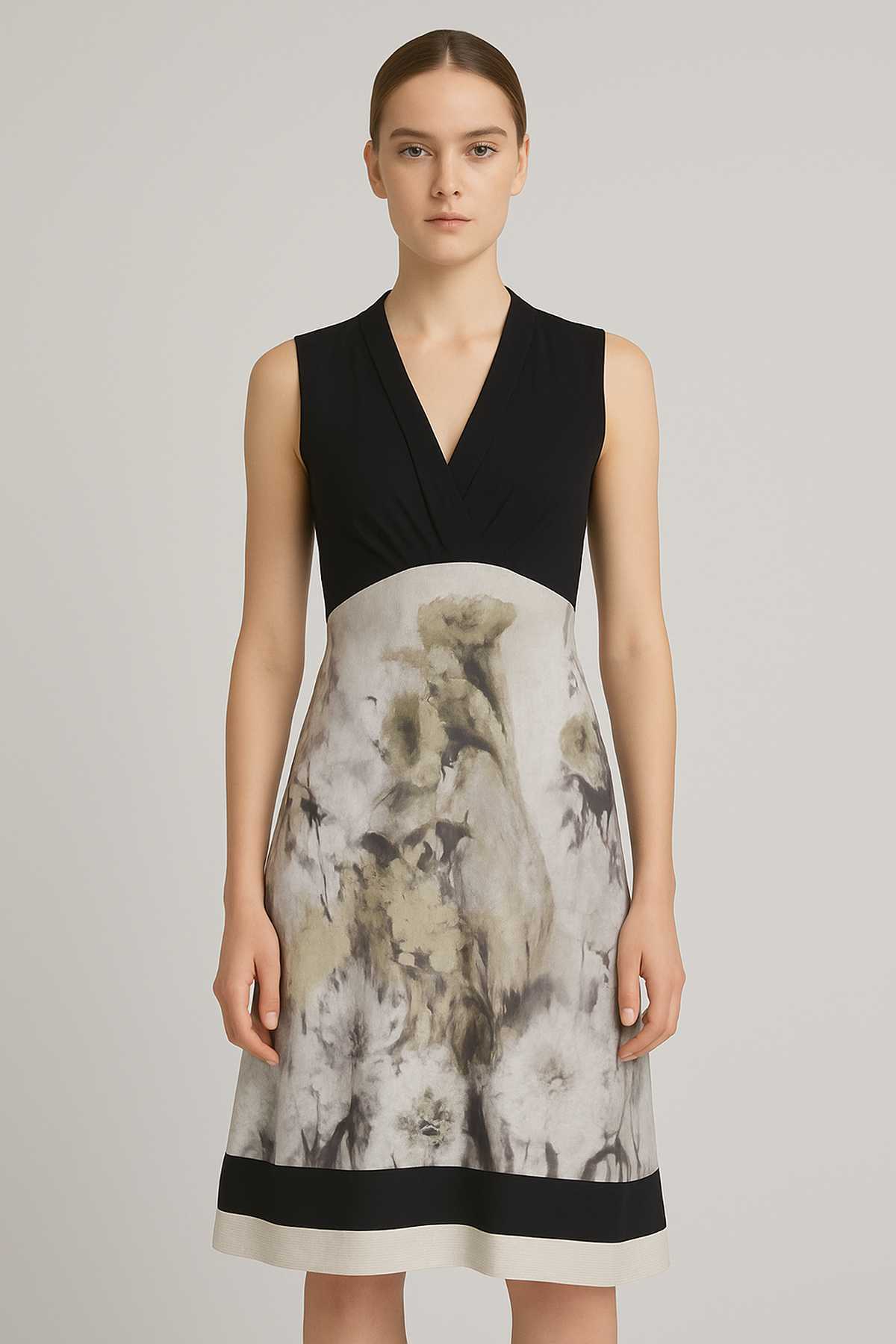 Black and Grey Floral Print Viscose-Elastane Jersey Dress