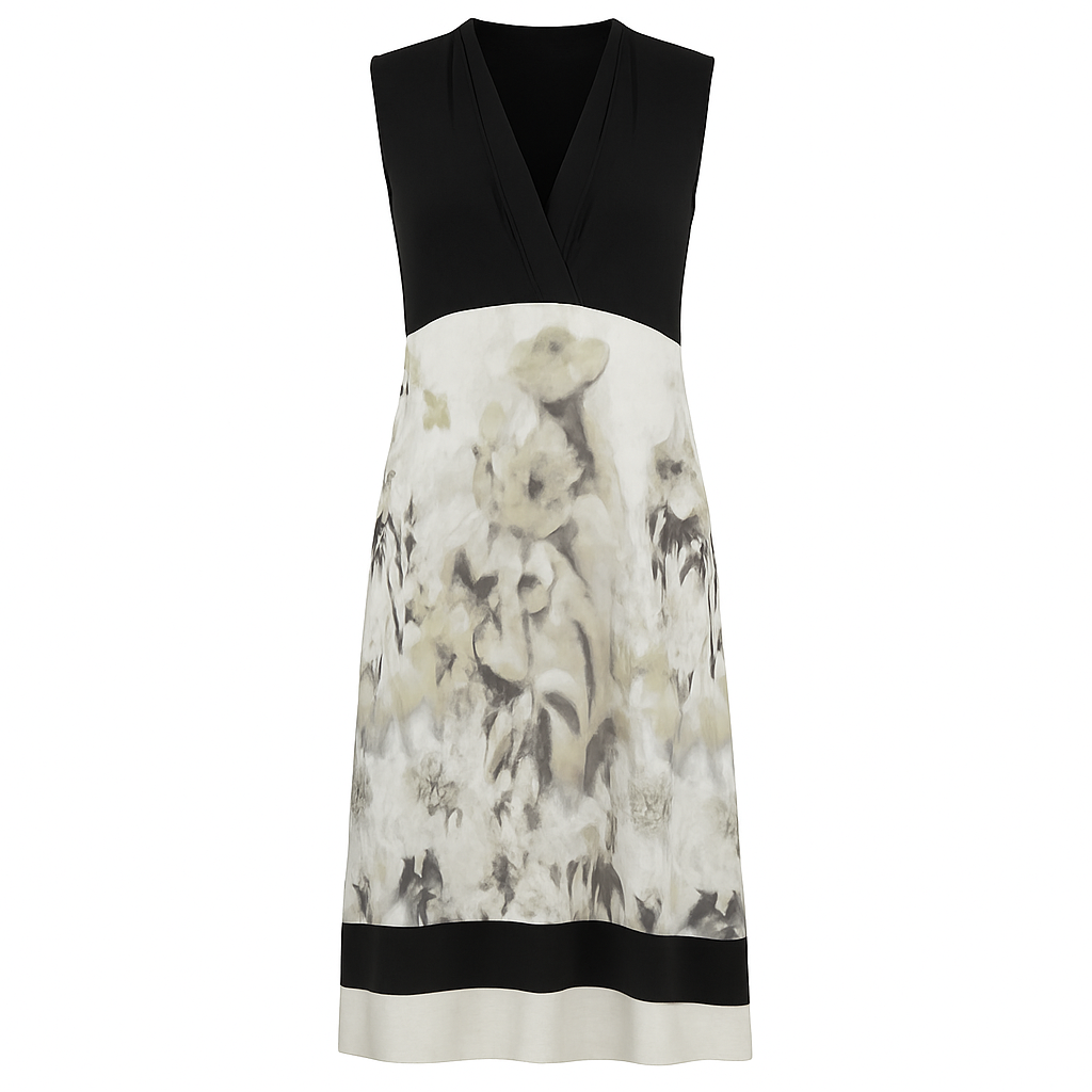 Black and Grey Floral Print Viscose-Elastane Jersey Dress