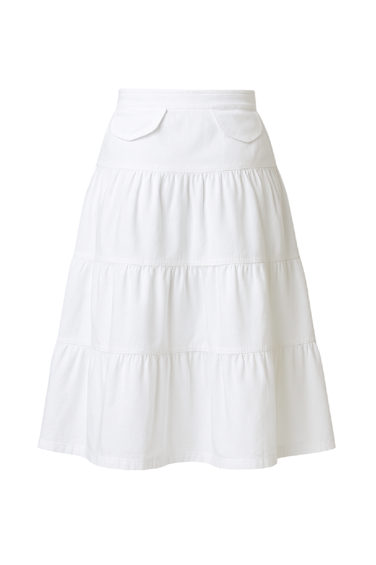 White Tiered A-Line Skirt with Double-Breasted Button Detail