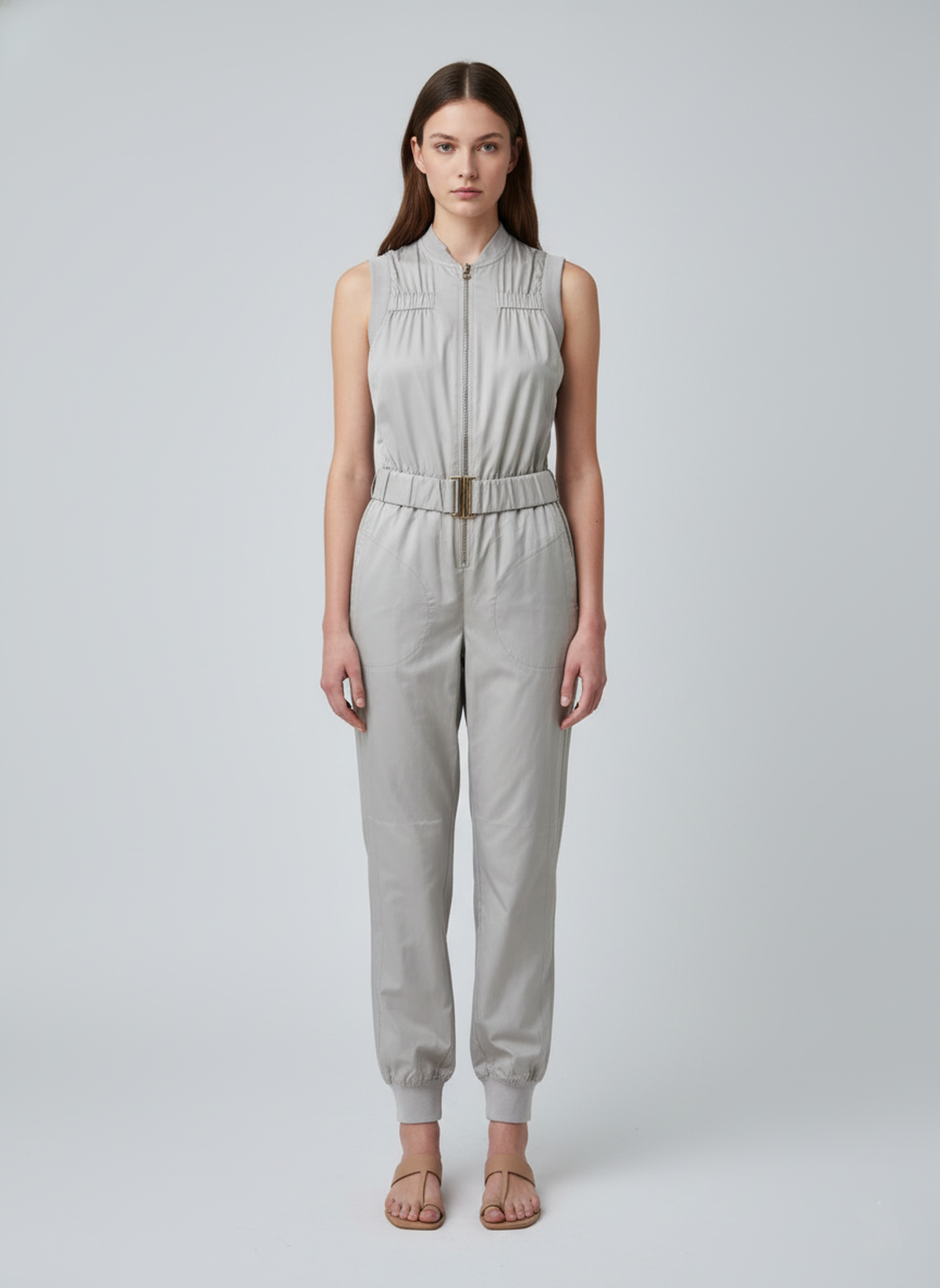 Conquista Ολόσωμη Φόρμα Longline Casual Αμάνικη Με Ζώνη Μονόχρωμη Γκρι C241-465-02