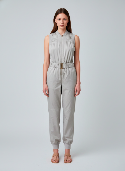 Conquista Ολόσωμη Φόρμα Longline Casual Αμάνικη Με Ζώνη Μονόχρωμη Γκρι C241-465-02