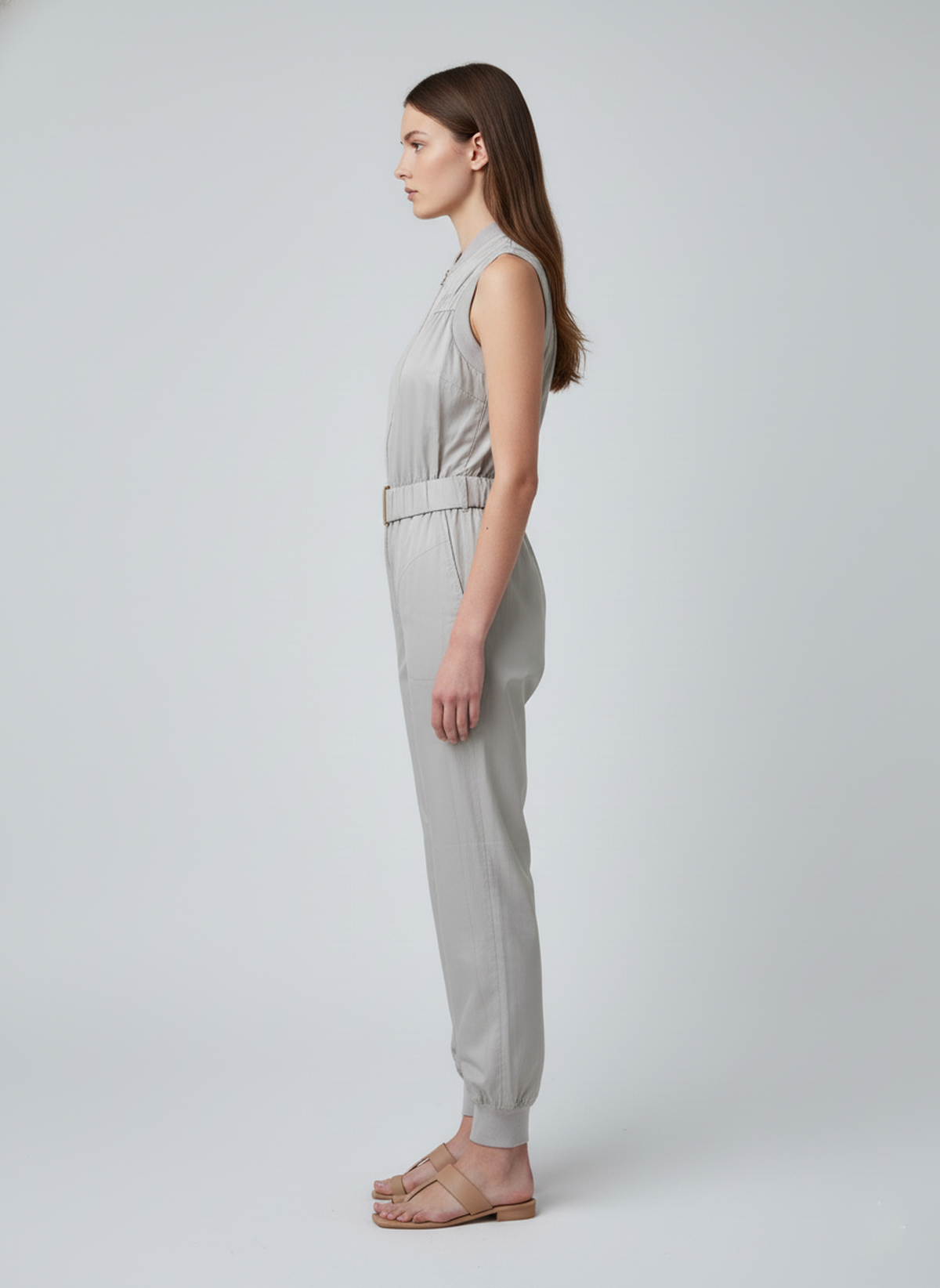 Conquista Ολόσωμη Φόρμα Longline Casual Αμάνικη Με Ζώνη Μονόχρωμη Γκρι C241-465-02