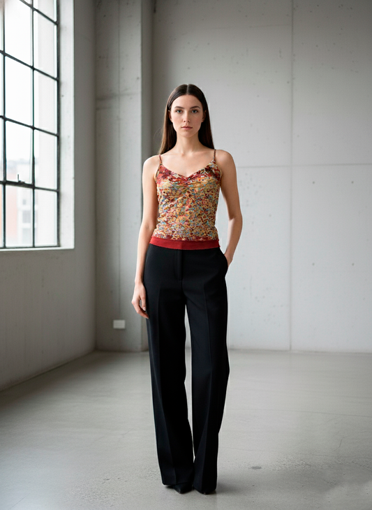 Velvet-Effect Printed Camisole Top in Rich Red Tones