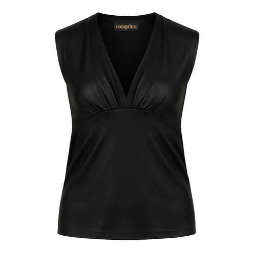 Women's Black Sleeveless V-Neck Top in Acetate Elastane Jersey – Shiny Fitted Style
