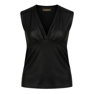 Women's Black Sleeveless V-Neck Top in Acetate Elastane Jersey – Shiny Fitted Style