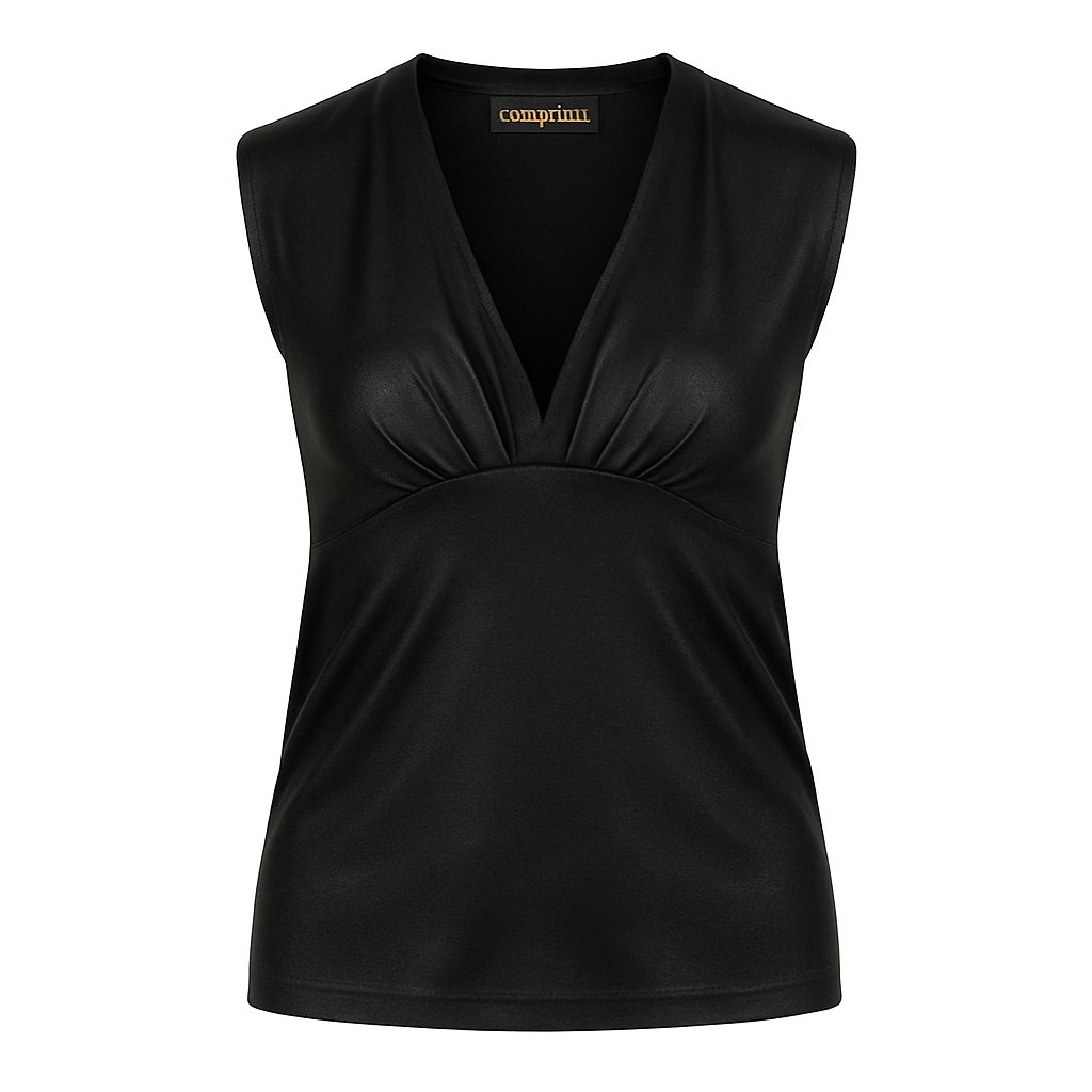 Women's Black Sleeveless V-Neck Top in Acetate Elastane Jersey – Shiny Fitted Style