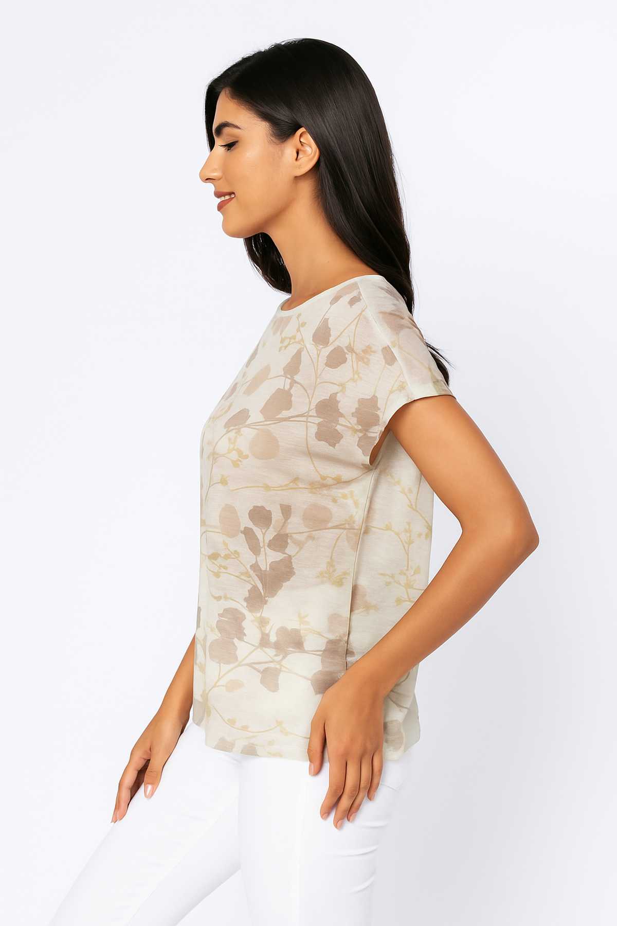 Conquista Τοπ Κοντομάνικο Casual Στρογγυλή Λαιμόκοψη Floral Μπεζ C241-519-99