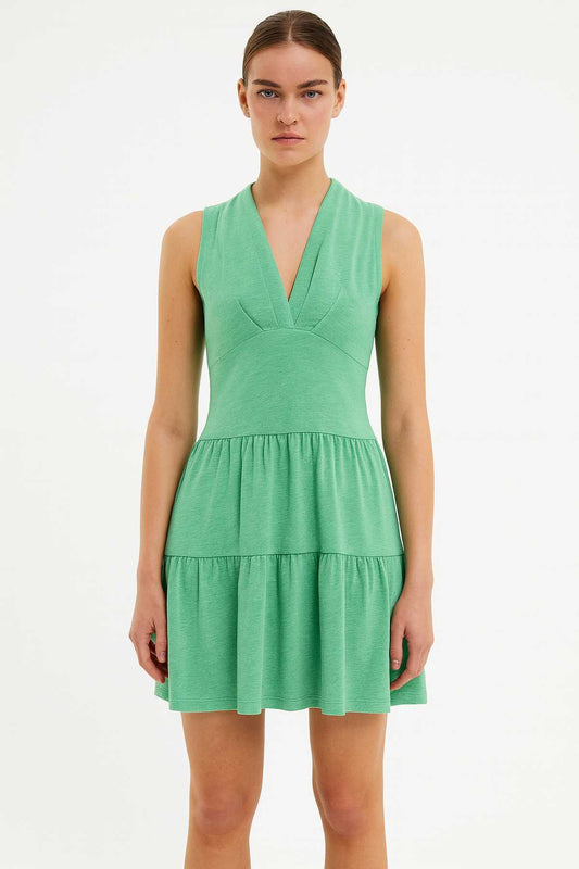 Sleeveless Tiered V-Neck Dress in Viscose-Linen Jersey – Green