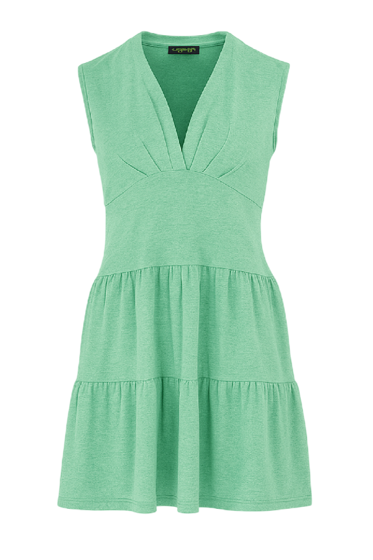 Sleeveless Tiered V-Neck Dress in Viscose-Linen Jersey – Green
