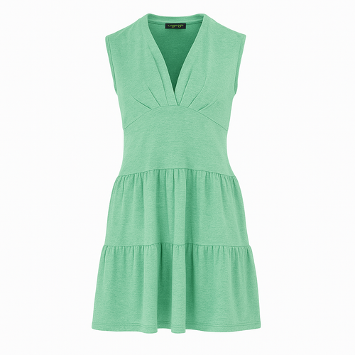 Sleeveless Tiered V-Neck Dress in Viscose-Linen Jersey – Green