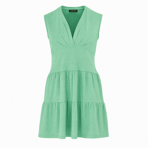Sleeveless Tiered V-Neck Dress in Viscose-Linen Jersey – Green