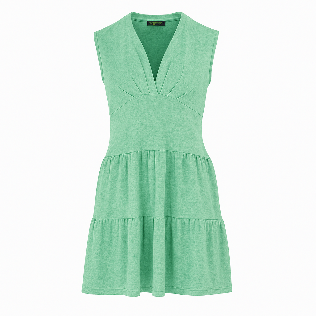 Sleeveless Tiered V-Neck Dress in Viscose-Linen Jersey – Green