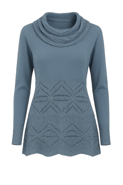 Textured Knit Cowl-Neck Sweater in Dusty Blue
